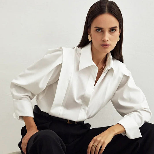 Women’s Elegant White Shirt – Solid Color Long Sleeve Button Down Blouse