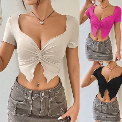 Streetwear Crop Top – Solid Color Short Sleeve Pleated T-Shirt