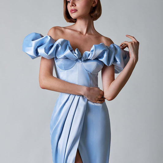 Women's Elegant Ruffle Party Dress – Off Shoulder, Short Sleeve, Solid Color Banquet & Cocktail Dress