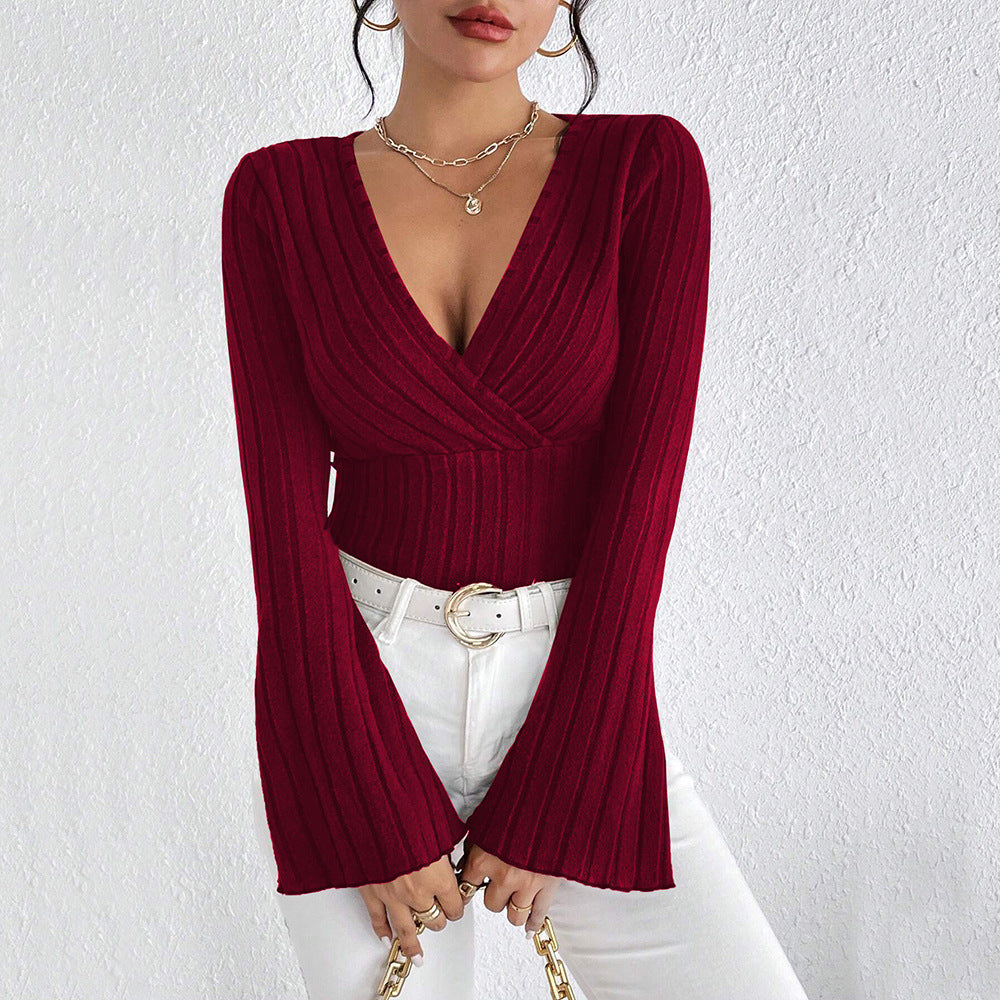 Women's Elegant Wine Red Long Sleeve T-Shirt – Solid Color Patchwork Design