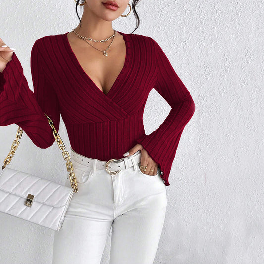 Women's Elegant Wine Red Long Sleeve T-Shirt – Solid Color Patchwork Design