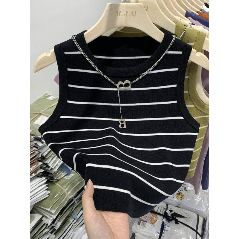 Women’s Casual Streetwear Tank Top – Stripe Contrast Binding Sleeveless Shirt(Code: ZX#362)