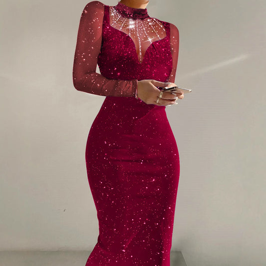 Women's Elegant Sequin Cocktail Party Dress – Solid Color, Round Neck, Long Sleeve Sheath