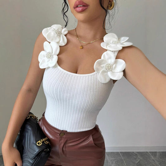 Women’s Summer Knitted Vest – Elegant Sleeveless Top with 3D Flower Decoration, Casual Fashion Style