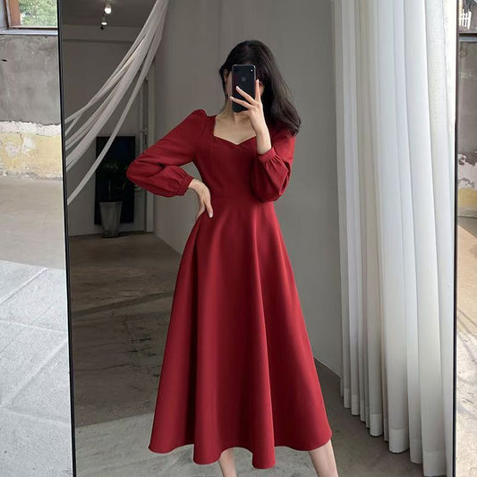 Hepburn Style Small Black Dress Women's Spring And Autumn New Retro V-Neck Long Over-the-Knee Black Elegant Dress Long