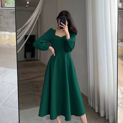Hepburn Style Small Black Dress Women's Spring And Autumn New Retro V-Neck Long Over-the-Knee Black Elegant Dress Long