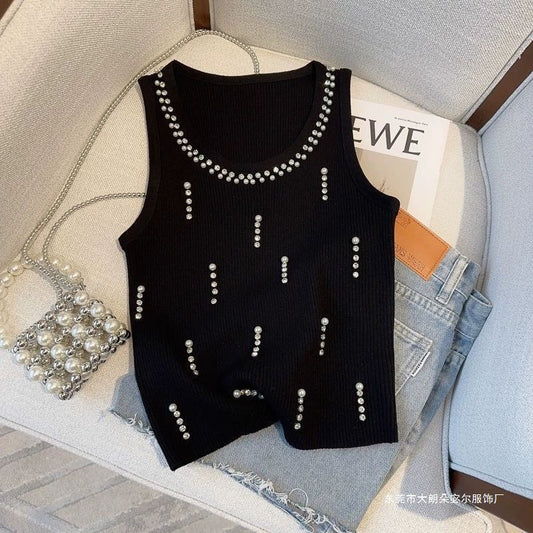 Summer Slim Fit Off-Shoulder Top – Western Style Beaded Knit Camisole, Elegant Heavy Design for Outerwear