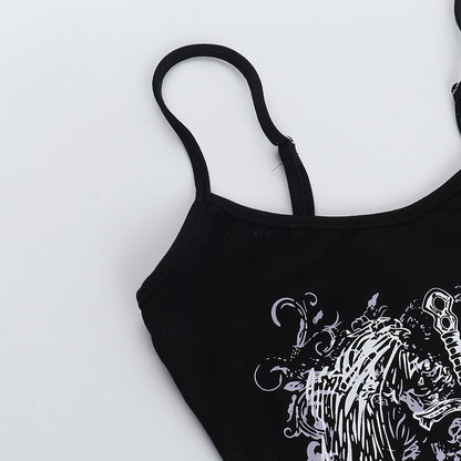 Women’s Gothic Strap Vest Tank Top – Dark Streetwear U-Neck Slim Fit Sleeveless Printed Crop