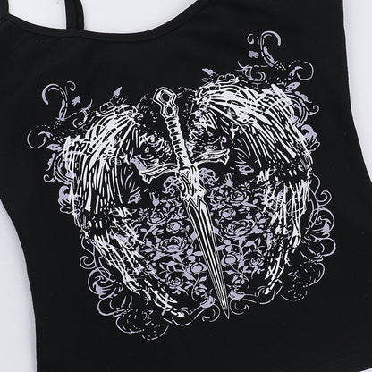 Women’s Gothic Strap Vest Tank Top – Dark Streetwear U-Neck Slim Fit Sleeveless Printed Crop