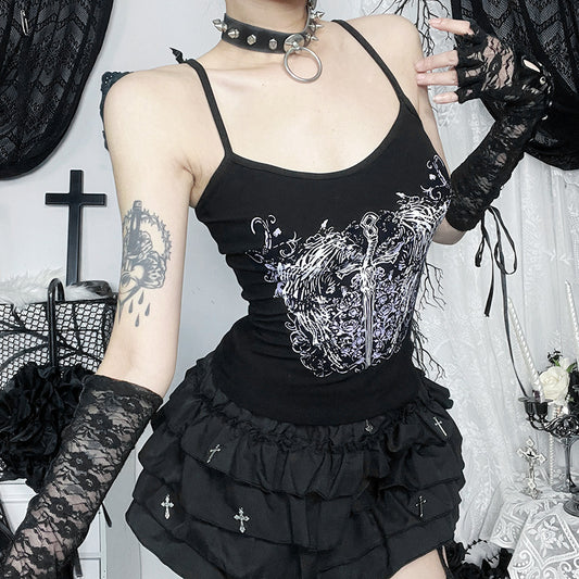 Women’s Gothic Strap Vest Tank Top – Dark Streetwear U-Neck Slim Fit Sleeveless Printed Crop
