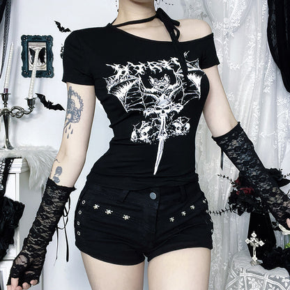 Women’s Dark Culture Asymmetric Shoulder T-Shirt – Animal Print Streetwear Slim Fit Short Sleeve Top