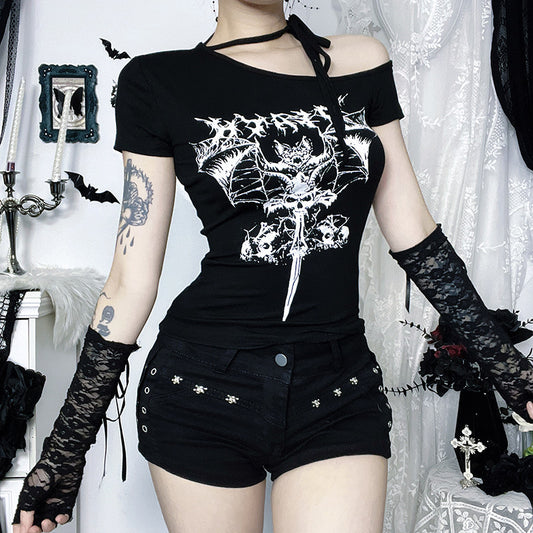 Women’s Dark Culture Asymmetric Shoulder T-Shirt – Animal Print Streetwear Slim Fit Short Sleeve Top