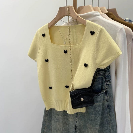 Women’s Summer 3D Heart Knit Top – Stylish Square Collar, Short Sleeve T-Shirt