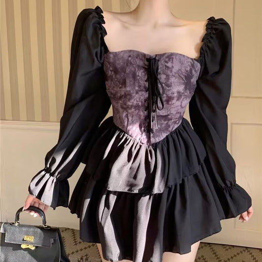 Women's Spring & Autumn One-Shoulder Puffy Dress – Asymmetrical Watermark Design with Waist-Cinching Belt