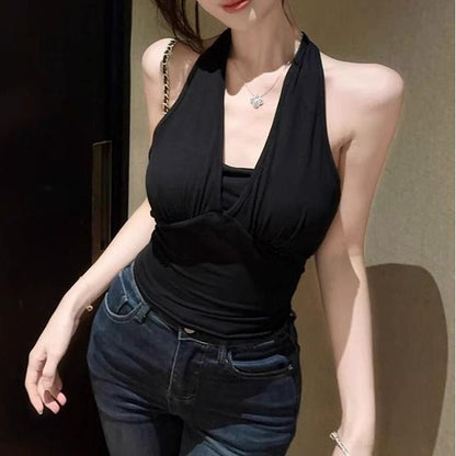 Women's Sexy Backless Strap Vest – Summer V-Neck Sleeveless Top, Thai Style Outdoor Wear (Code: ZX#303)