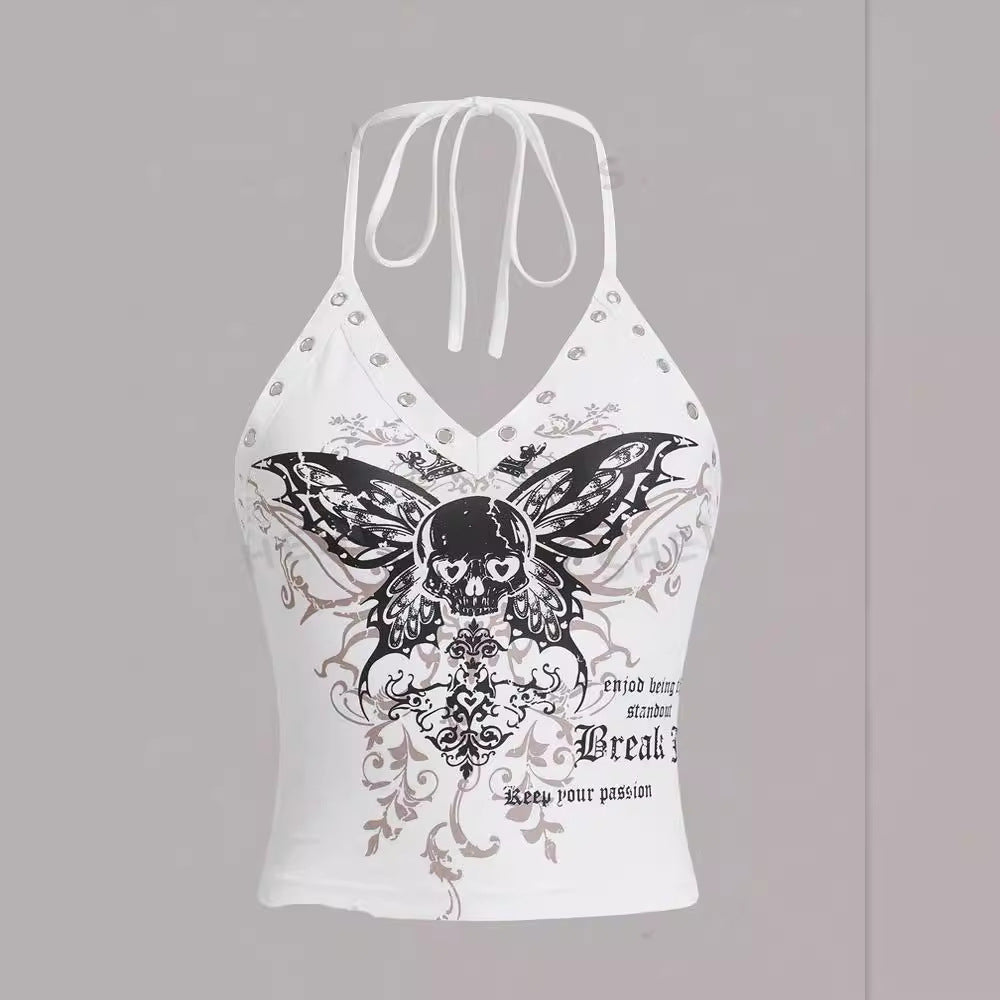 [Y2K] Women’s Sexy Summer Crop Top – 3D Print Strap Vest Style Sleeveless Round Neck T-Shirt