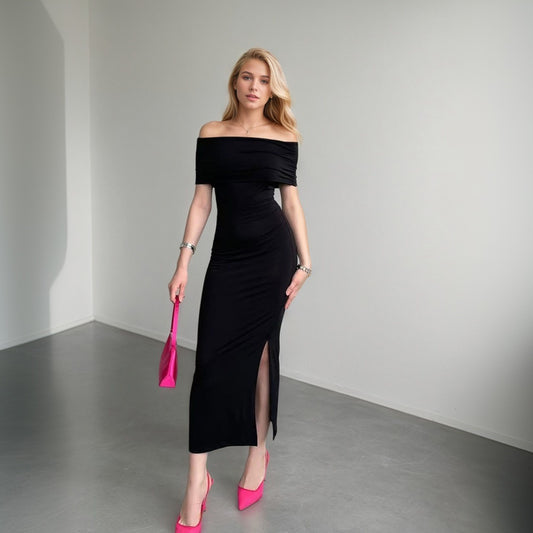 Women's European Style One-Shoulder Bodycon Dress – High Waist Slit Summer Maxi Dress