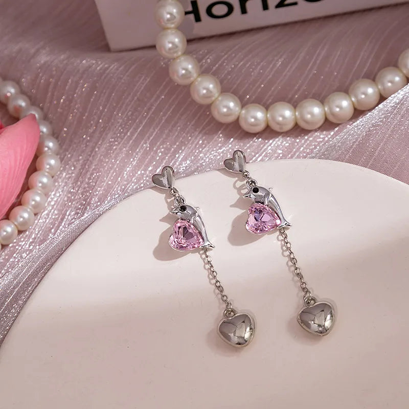 Dolphin Heart Drop Earrings (Code-ZX#636)