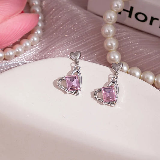 Pink Crystal Heart Drop Earrings (Code-ZX#635)