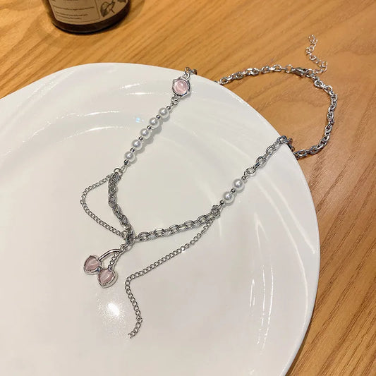 Cherry Pendant Layered Pearl Chain Necklace – Y2K Cute Style
