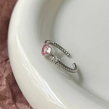 Heart Shape Bow Knot Copper Plating Inlay Zircon  – Adjustable Open Ring