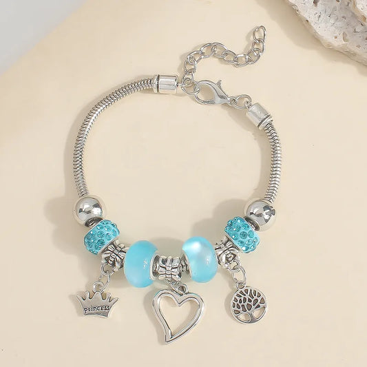 Blue Charm Princess Bracelet – Heart, Crown & Tree Pendant Beaded Bracelet