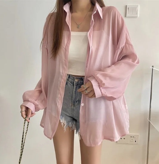 Women’s Sheer Purple Long Sleeve Blouse – Lightweight Casual Button-Down Shirt
