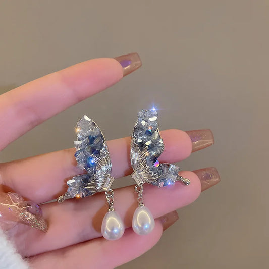 Crystal Winged Pearl Drop Earrings (Code-ZX#634)