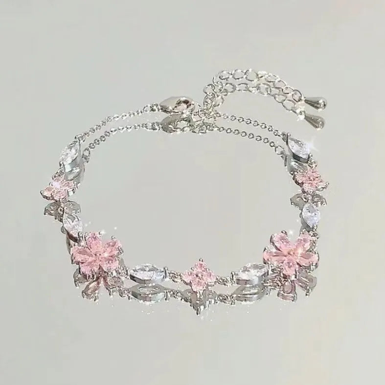 Blossom Charm Pink Zircon Flower Bracelet – Elegant Adjustable Chain