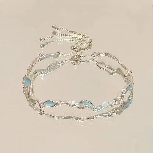 Ocean Wave Silver Double Chain Bracelet with Blue Accents