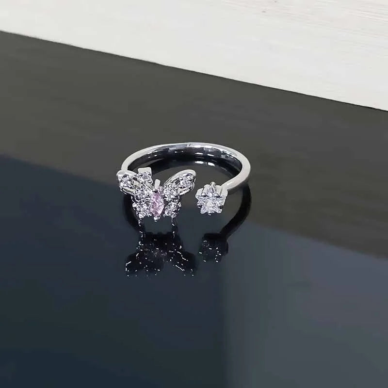 Starry Heart Bow Zircon – Adjustable Open Ring(Code: ZX#116)