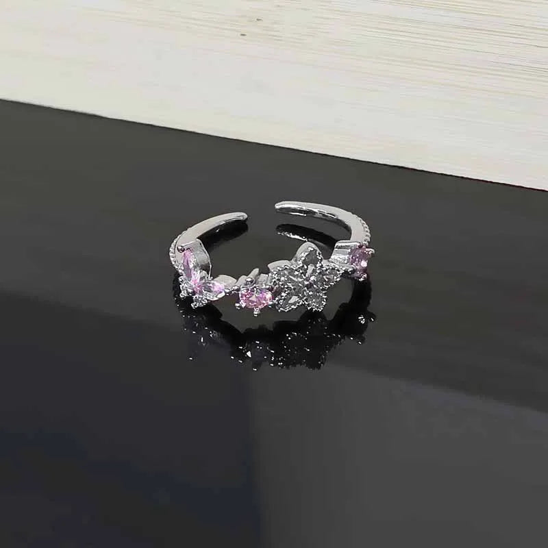 Starry Heart Bow Zircon – Adjustable Open Ring(Code: ZX#116)
