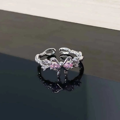 Starry Heart Bow Zircon – Adjustable Open Ring(Code: ZX#116)