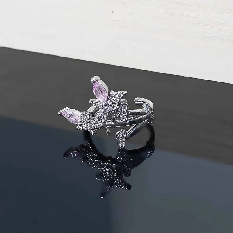 Starry Heart Bow Zircon – Adjustable Open Ring(Code: ZX#116)