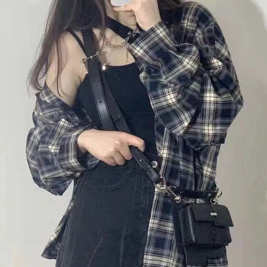 Women’s Oversized Plaid Button-Down Shirt – Casual Long Sleeve Checkered Blouse