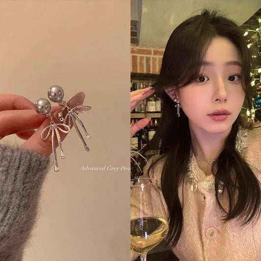 Elegant Grey Pearl Ribbon Earrings (Code-ZX#715)