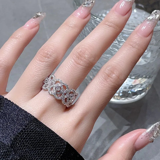 Elegant Floral Zircon Silver Adjustable Ring