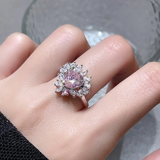 Luxury Pink Gemstone Halo Adjustable Silver Ring