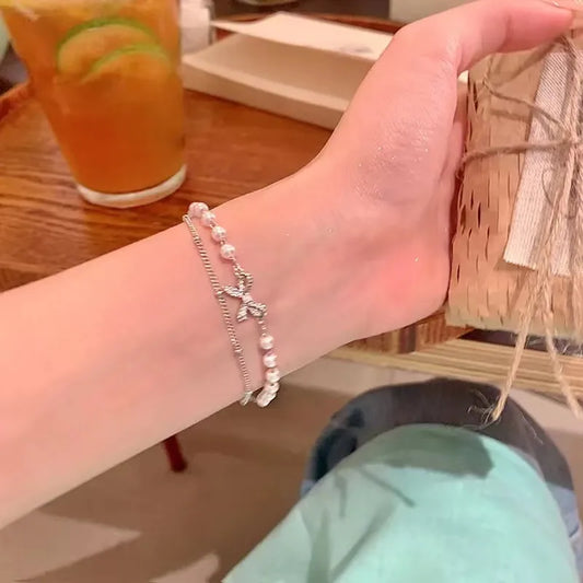 Bow Charm Pearl Bracelet – Elegant Dual-Layer Silver Chain