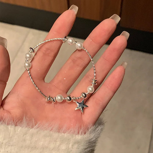 Starlight Pearl Charm Bracelet – Elegant Silver Beaded Chain