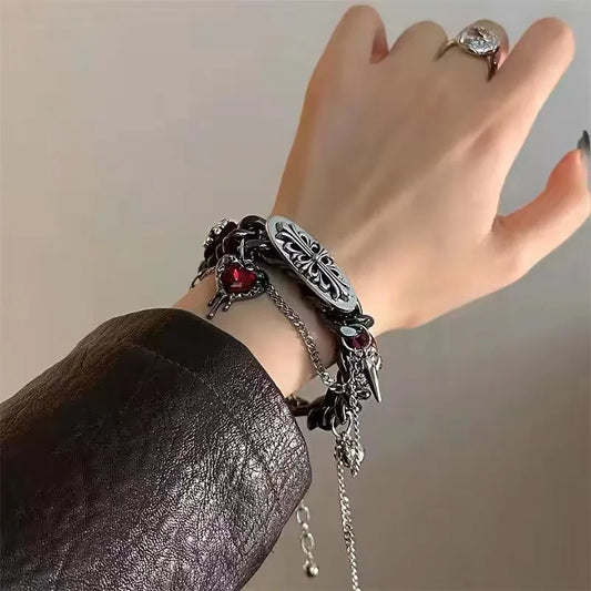 Gothic Punk Charm Bracelet – Black Chain with Red Gem Heart, Spikes & Cross Plate