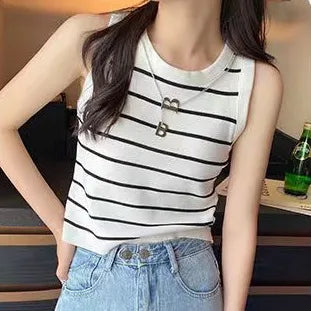 Women’s Casual Streetwear Tank Top – Stripe Contrast Binding Sleeveless Shirt