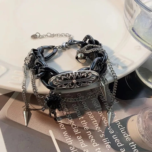 Gothic Punk Chain Bracelet – Black Alloy Link with Spikes, Chains & Cross Carved Plate