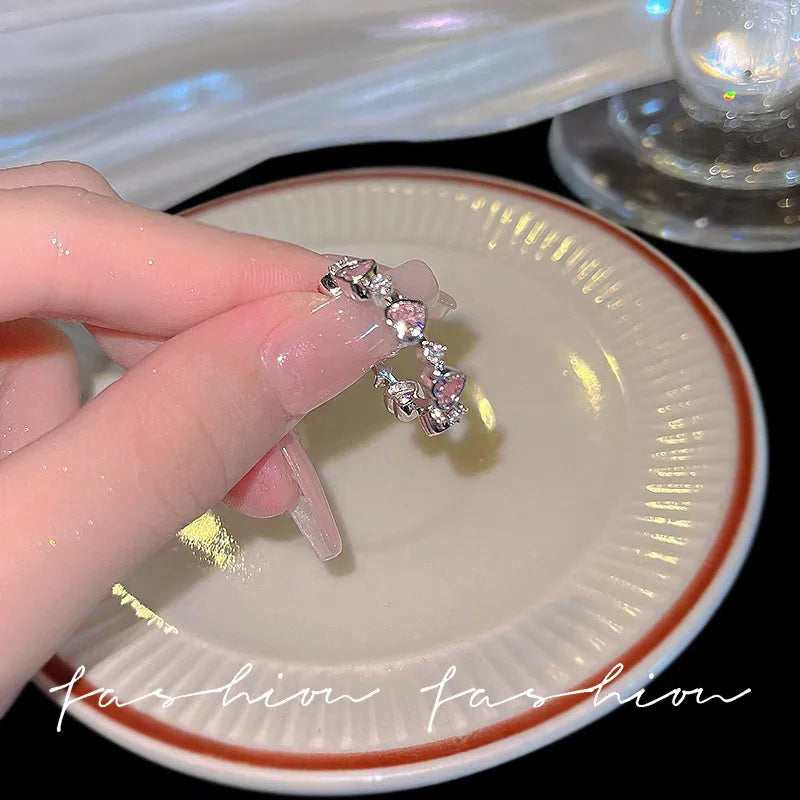 Women's IG Style Zircon Heart Bow – Adjustable Open Ring