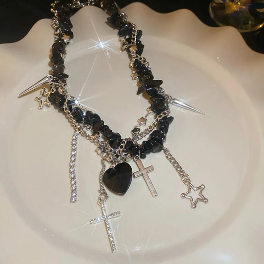 Gothic Black Crystal Charm Necklace – Punk Rock Choker with Cross, Star & Heart Pendants