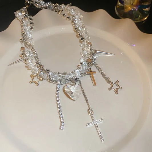 Crystal Charm Choker – Gothic Punk Necklace with Cross, Star & Heart Pendants