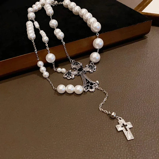 Victorian Pearl Cross Necklace – Gothic Rosary Style Beaded Chain with Double Cross Pendant