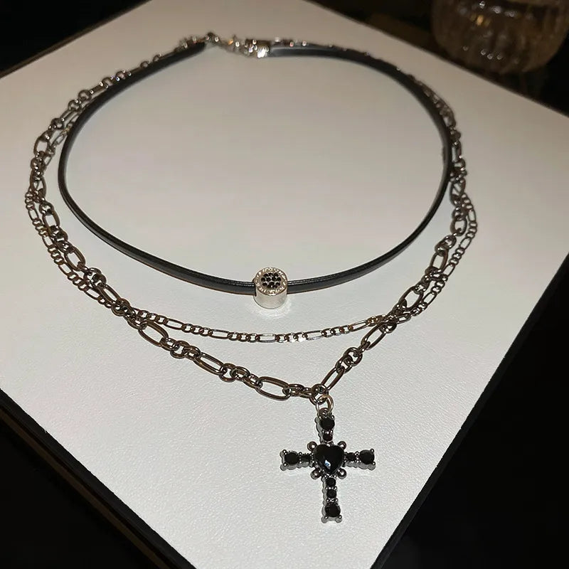 Gothic Double Layer Leather & Chain Choker with Heart Center