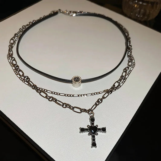 Gothic Double Layer Leather & Chain Choker with Heart Center