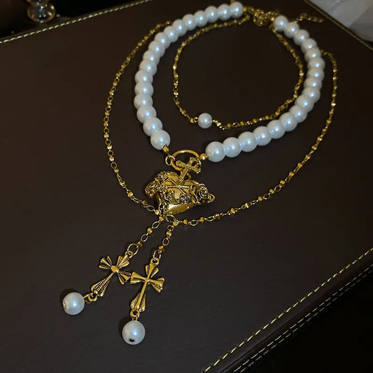 Baroque Pearl & Gold Cross Necklace – Vintage Layered Choker with Angel Pendant”